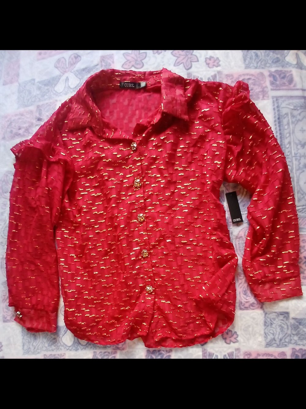3FOR$12 Red Button-Down Shirt with Gold Accents